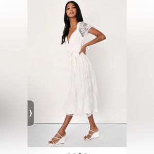 Lulu’s white bridal midi dress! Perfect for Bachelorette and Bridal Shower